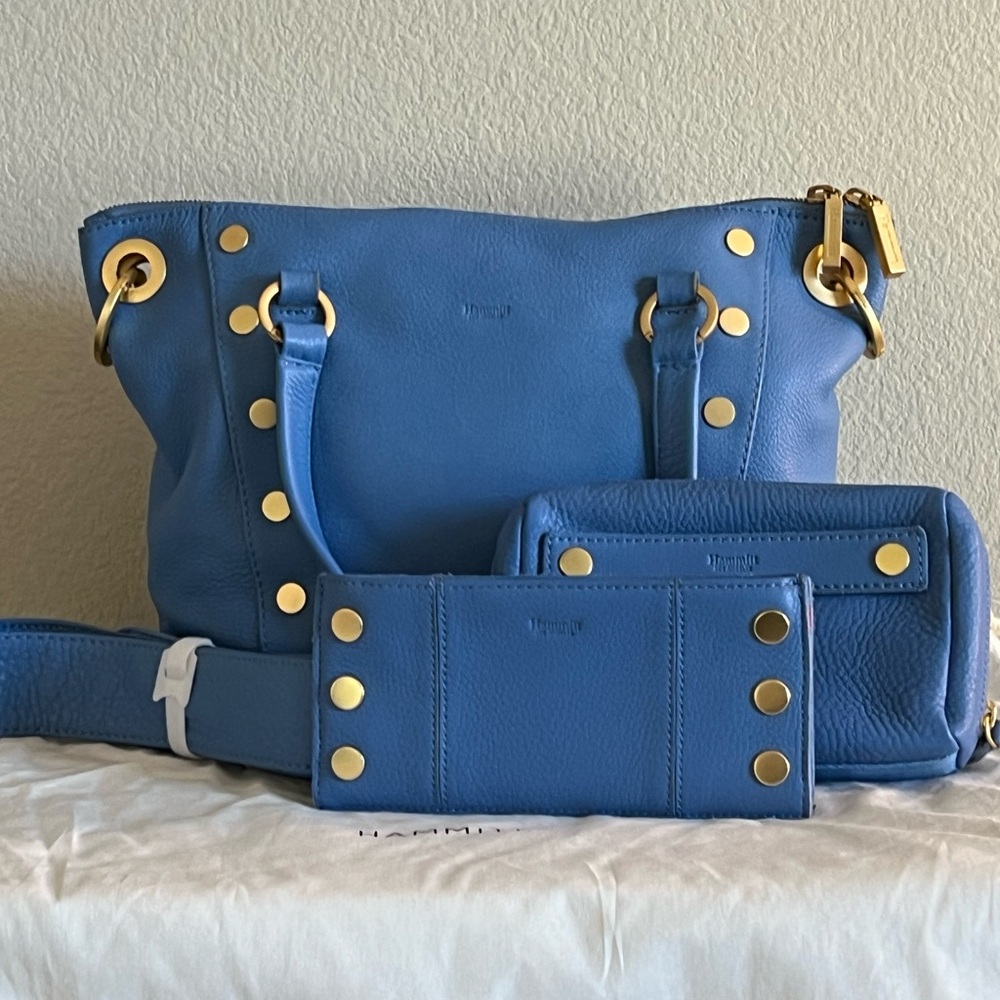 Hammitt Skylight Blue M Daniel Bag with Gold Hardware, matching pouch, & wallet